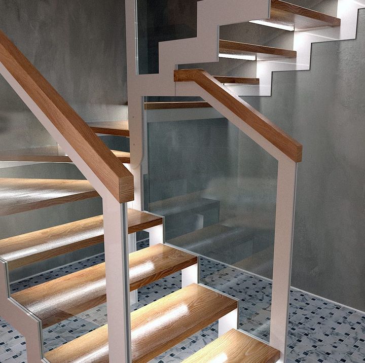 дизайнерская лестница на металлическом каркасе с тетивой зигзаг